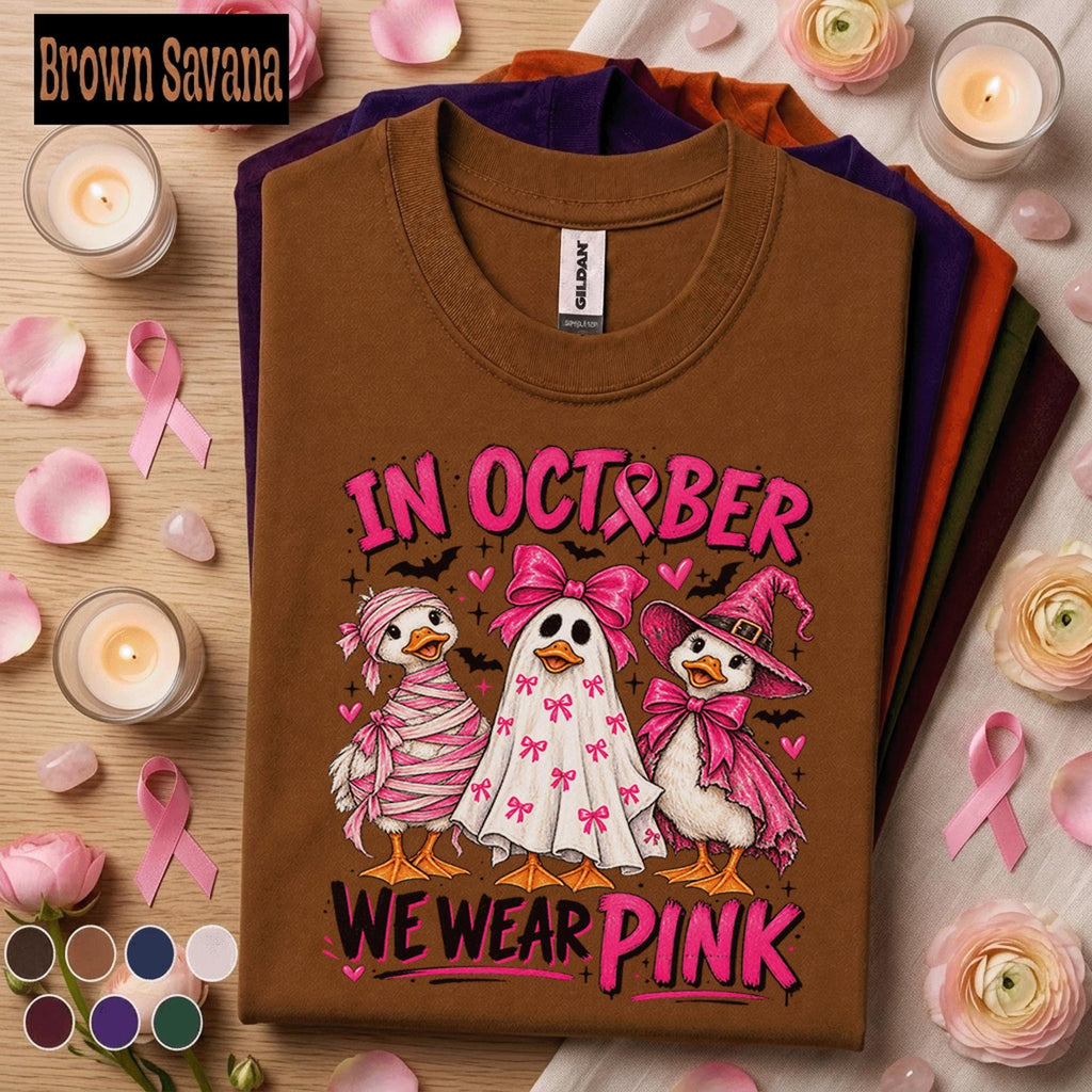Breast Cancer Awareness Shirt, In October We Wear Pink Tee, Pink Ribbon Halloween Shirt, Funny Duck October Tee, Pink Out Gift Women