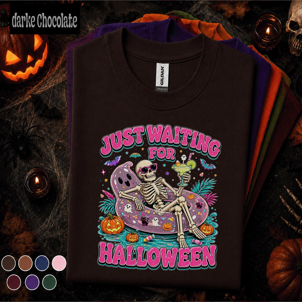 Just Waiting for Halloween Shirt, Funny Skeleton Pool Float Tee, Spooky Summer Halloween Shirt, Pink Halloween Skeleton Gift