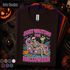 Just Waiting for Halloween Shirt, Funny Skeleton Pool Float Tee, Spooky Summer Halloween Shirt, Pink Halloween Skeleton Gift