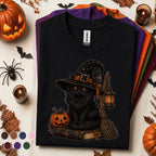 Black Cat Witch Halloween Shirt, Spooky Witchy Cat Tee, Pumpkin Magic Graphic Shirt, Gothic Fall Cat Lover Gift, Vintage Halloween Tee