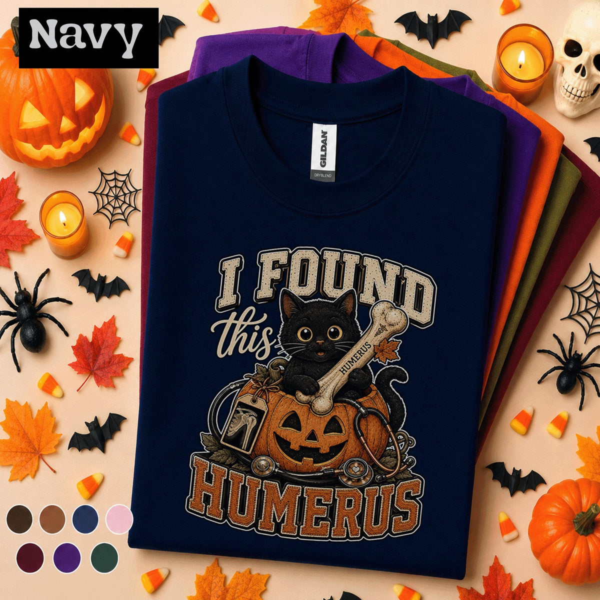 I Found This Humerus Halloween Shirt, Cute Black Cat Pumpkin Tee, Funny Orthopedic Nurse Shirt, Spooky Medical Humor Gift for Nurses