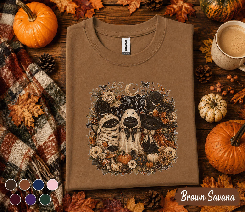 Cute Halloween Black Cat Shirt, Spooky Ghost Kitty Witch Tee, Autumn Pumpkin Cat Lover T-Shirt, Cute Fall Costume Gift for Women