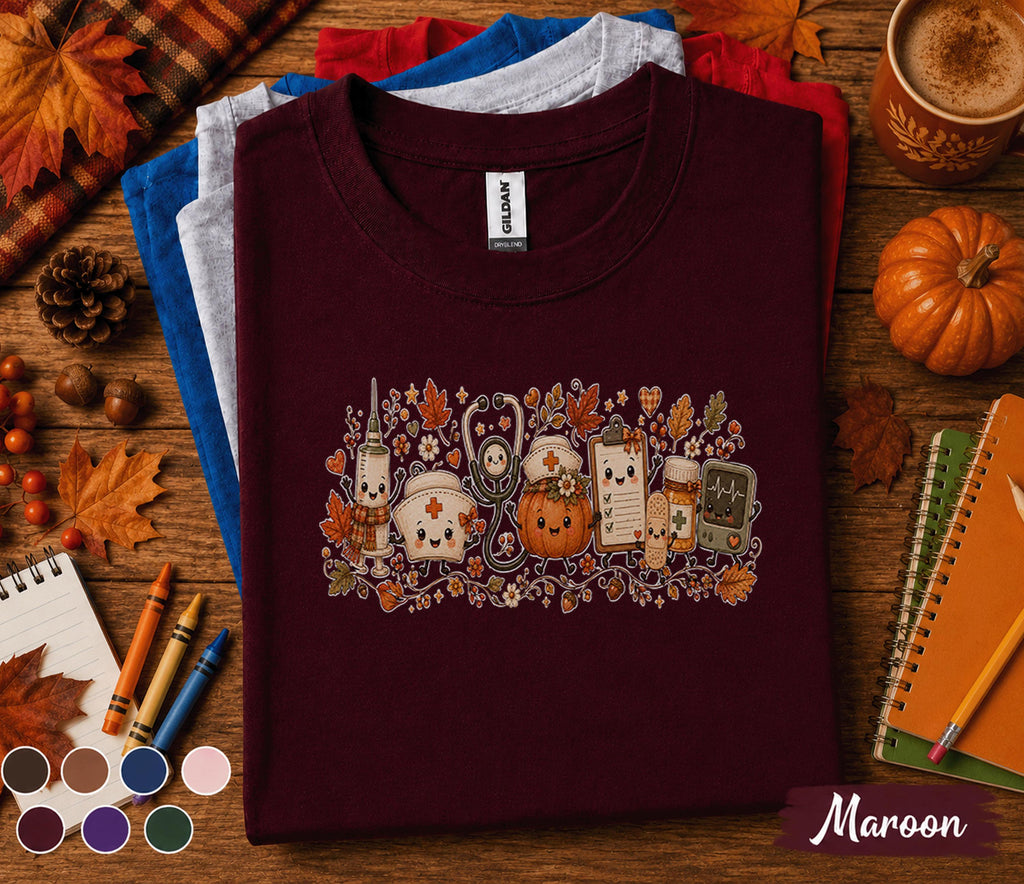 Cute Fall Nurse Shirt, Autumn Medical Pumpkin Tee, Kawaii Nurse Shirt, RN Fall Halloween Top, Cozy Healthcare Worker Gift, Nurse Autumn Tee