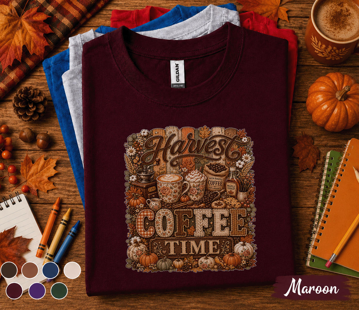Harvest Coffee Time Shirt Fall Coffee Lover Tee Pumpkin Spice Autumn Shirt Cozy Cafe Thanksgiving Gift for Women