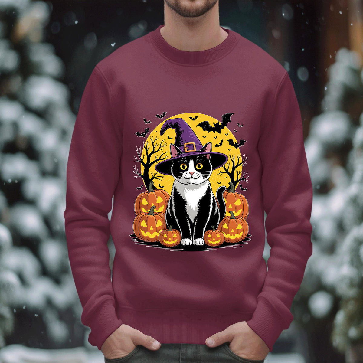 Halloween Black Cat Witch Shirt with Pumpkin and Full Moon, Spooky Haunted Cat Lover Tee, Cat Halloween Shirt, Halloween Cat Sweatshirt Gift