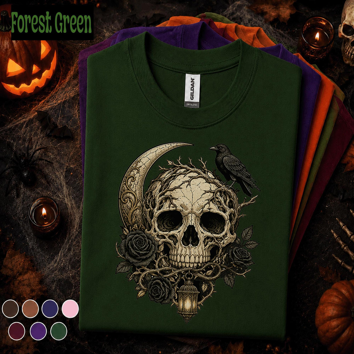 Gothic Skull Halloween Shirt, Raven Crescent Moon Tee, Dark Floral Skeleton Shirt, Spooky Witchy Tee, Gothic Halloween Gift