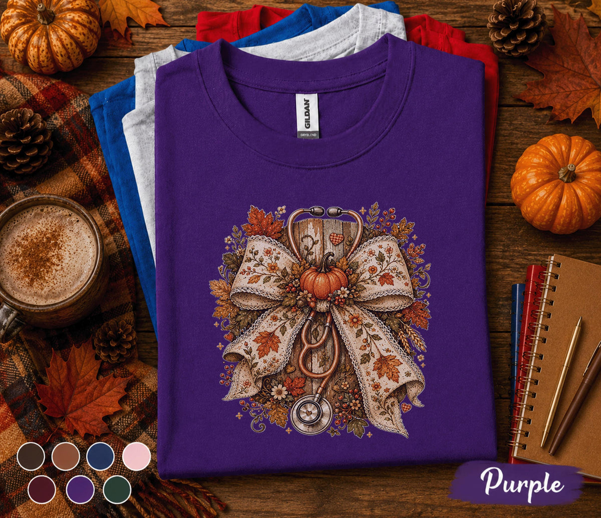 Fall Nurse Bow Shirt, Autumn Nurse Shirt, Floral Stethoscope Pumpkin Tee, Cozy RN Fall Shirt, Nurse Gift, Medical Worker Autumn Sweatshirt
