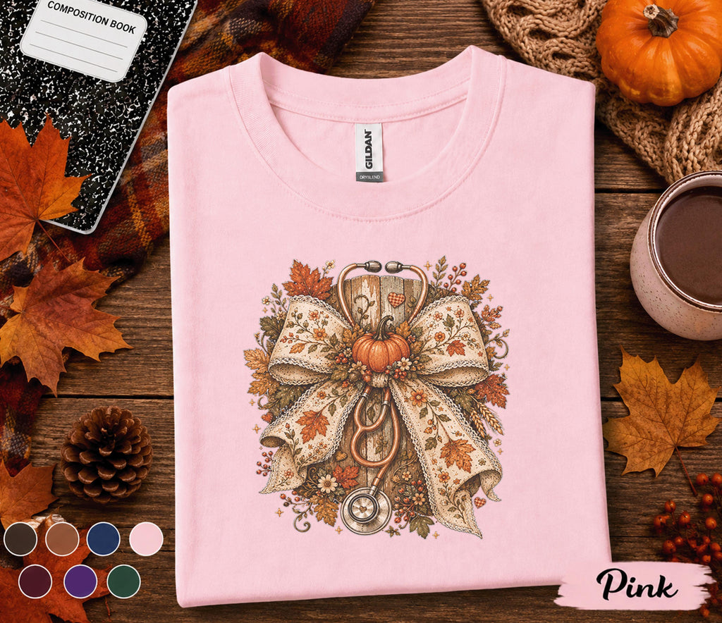 Fall Nurse Bow Shirt, Autumn Nurse Shirt, Floral Stethoscope Pumpkin Tee, Cozy RN Fall Shirt, Nurse Gift, Medical Worker Autumn Sweatshirt
