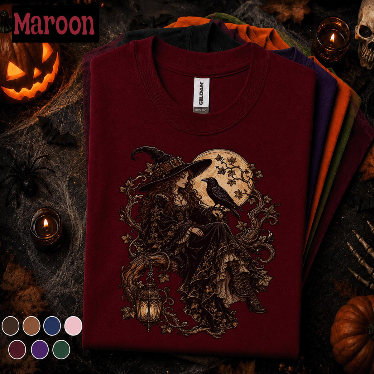 Gothic Witch Halloween Shirt, Raven Witch T Shirt, Full Moon Spooky Season Tee, Vintage Dark Academia, Witchy Fall Gift Tee
