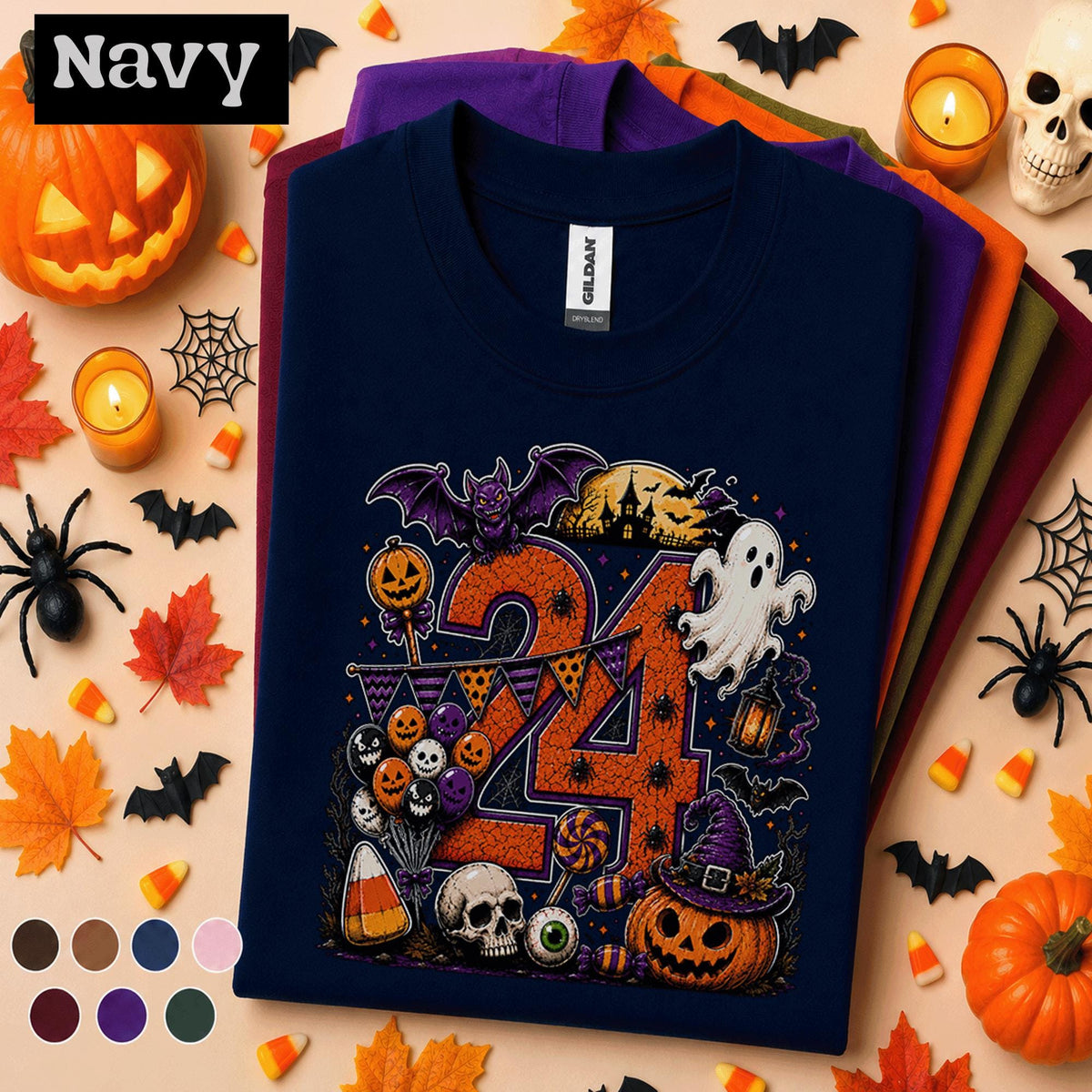 24th Birthday Halloween Shirt, Spooky Number 24 Tee, October Birthday Party Shirt, Ghost Pumpkin Witch Halloween Gift for Women Men