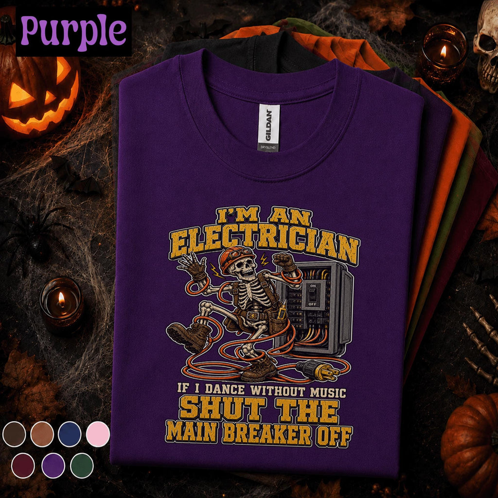 Electrician Halloween Shirt, Funny Skeleton Electrician Tee, Shut Main Breaker Off, Electrical Worker Gift, Spooky Tradesman T-Shirt