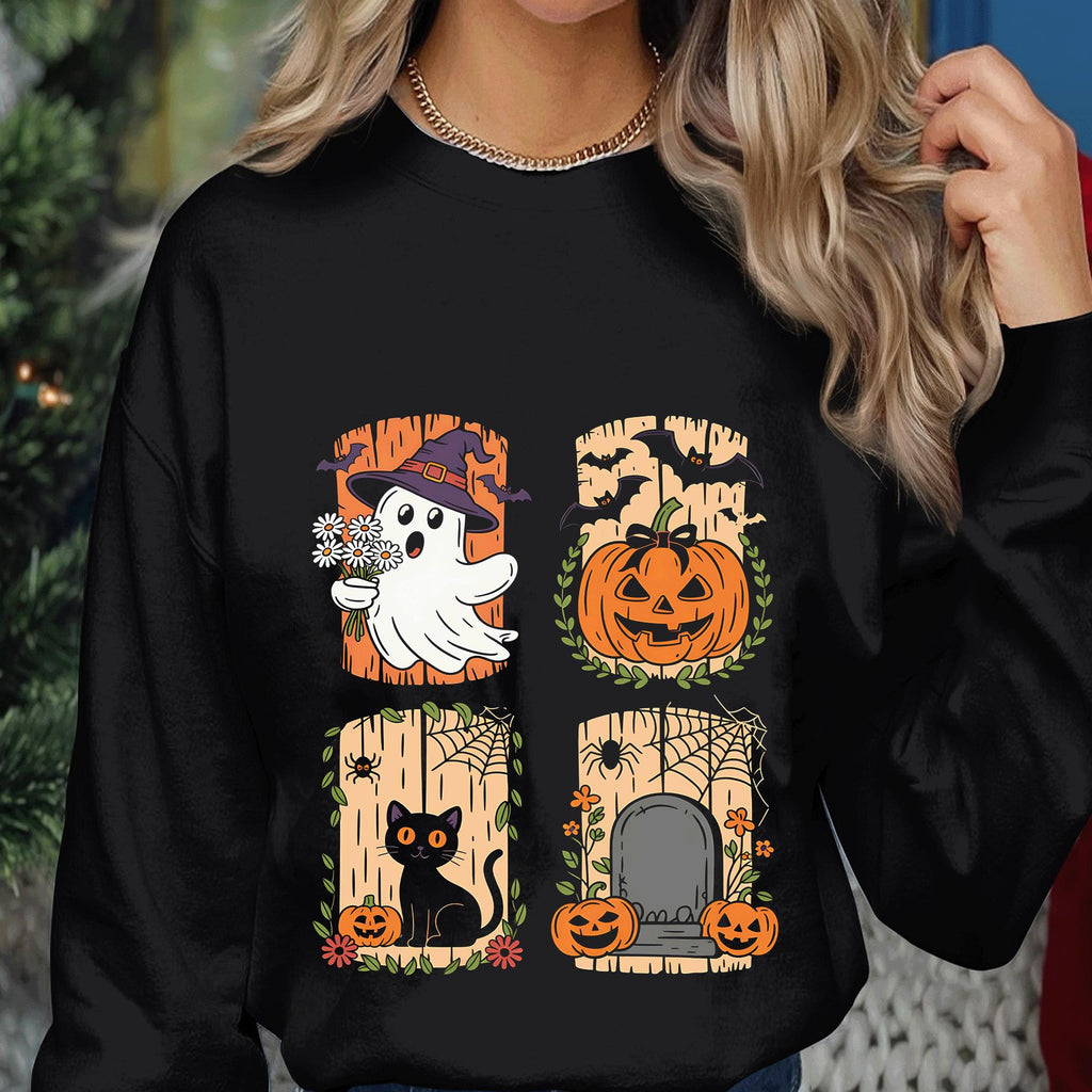 Halloween Ghost Pumpkin Cat Shirt, Cute Spooky Haunted Graveyard Tee with Ghosts Bats Pumpkins, Halloween Sweatshirt, Women Halloween Shirt