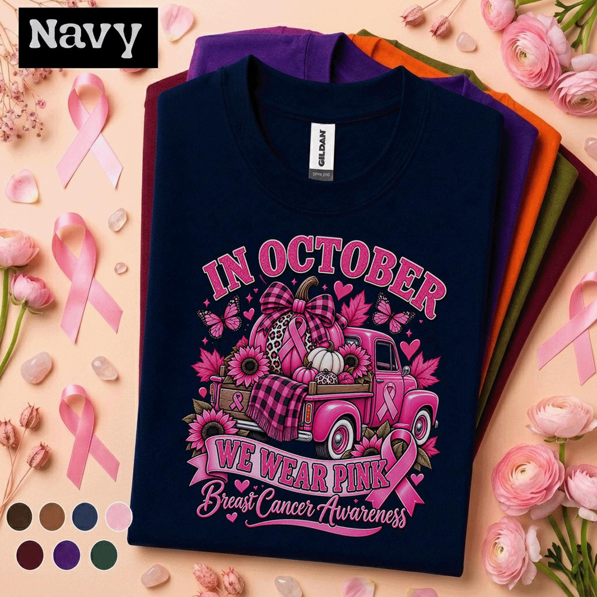 Breast Cancer Awareness Shirt, In October We Wear Pink Tee, Pink Ribbon Fall Truck Shirt, Survivor Fighter Support Gift for Women Mom