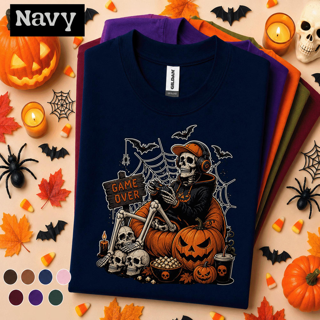 Halloween Gamer Shirt, Game Over Skeleton Tee, Spooky Gaming Tshirt, Pumpkin Gamer Gift, Retro Video Game Halloween Costume Kids Youth Boy