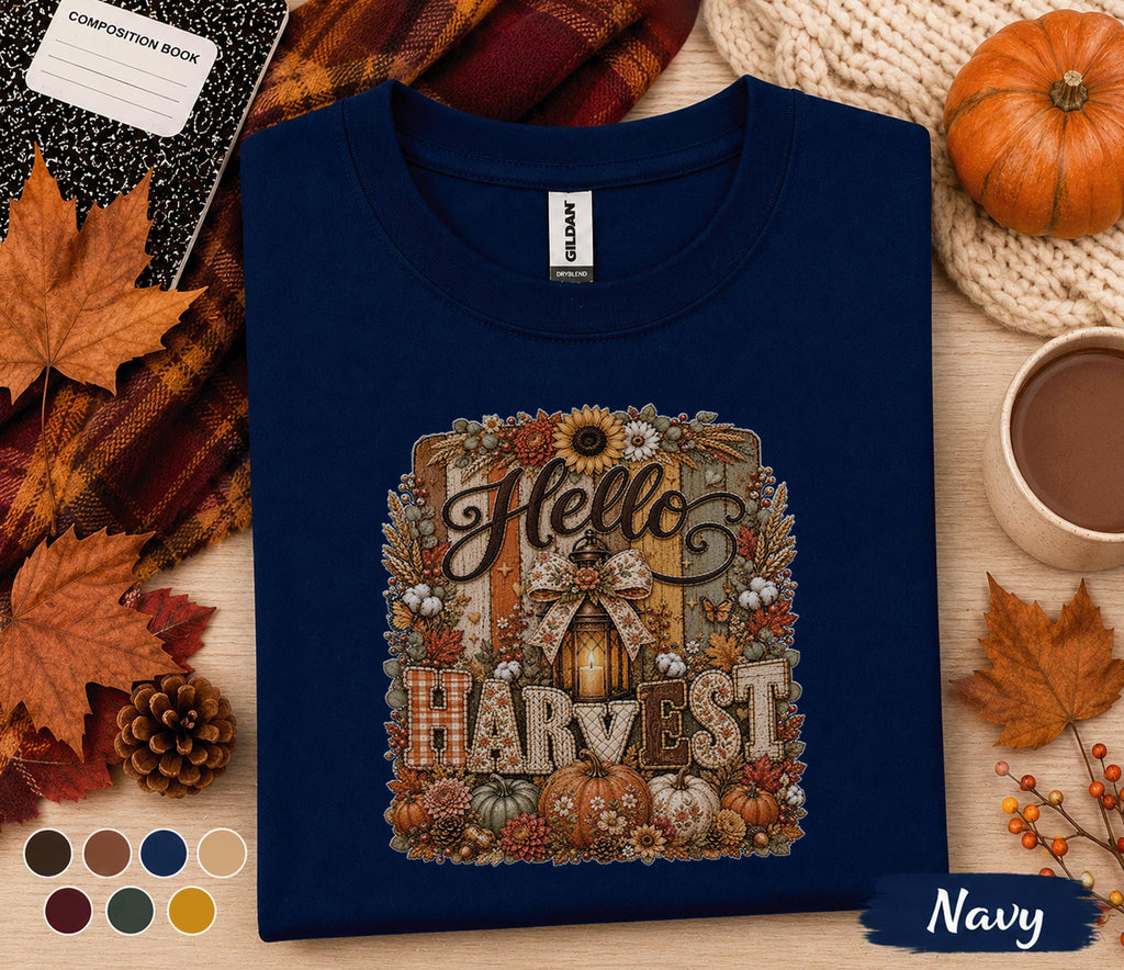 Hello Harvest Shirt Fall Harvest Tee Pumpkin Autumn Shirt Rustic Thanksgiving Cozy Fall Decor Lover Gift for Women