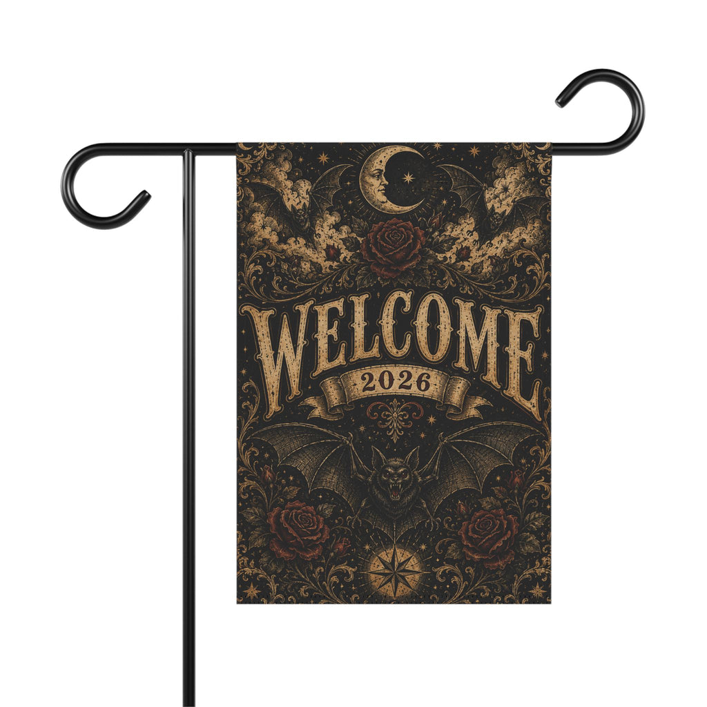 Gothic Bat Halloween Garden Flag, Welcome 2026 Moon Rose Yard Decor, Vintage Witchy Outdoor Flag, Spooky Victorian Halloween Porch Decor