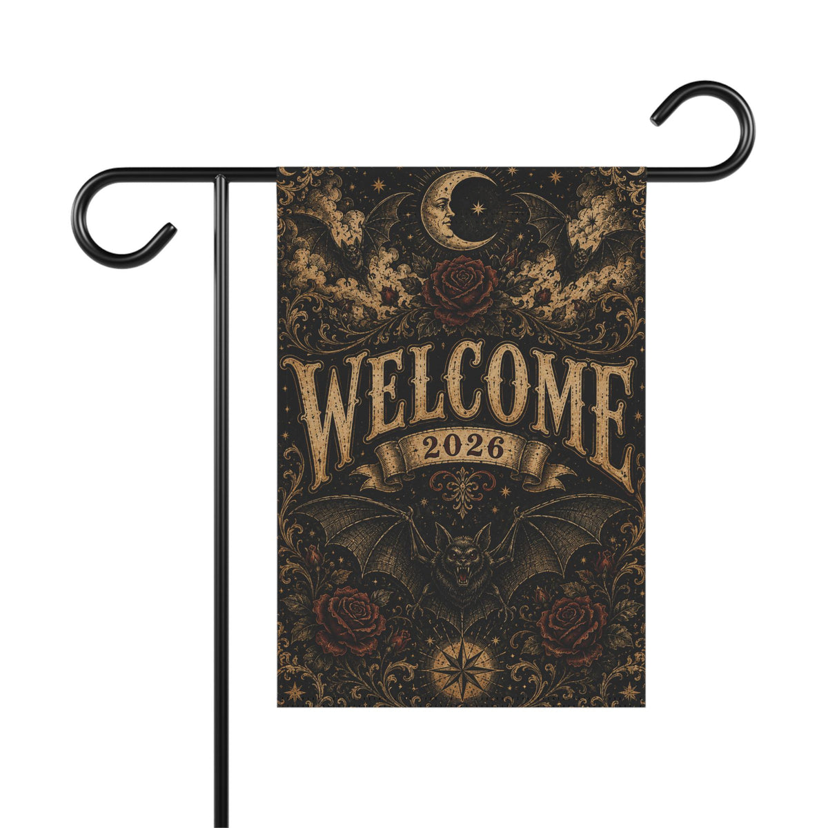 Gothic Bat Halloween Garden Flag, Welcome 2026 Moon Rose Yard Decor, Vintage Witchy Outdoor Flag, Spooky Victorian Halloween Porch Decor