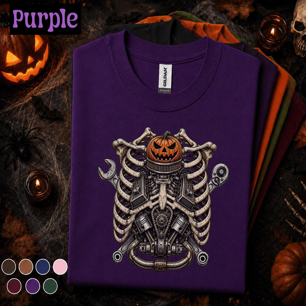 Mechanic Halloween Shirt, Skeleton Engine Rib Cage Tee, Pumpkin Auto Mechanic Gift, Spooky Garage Technician Vintage Halloween T-Shirt