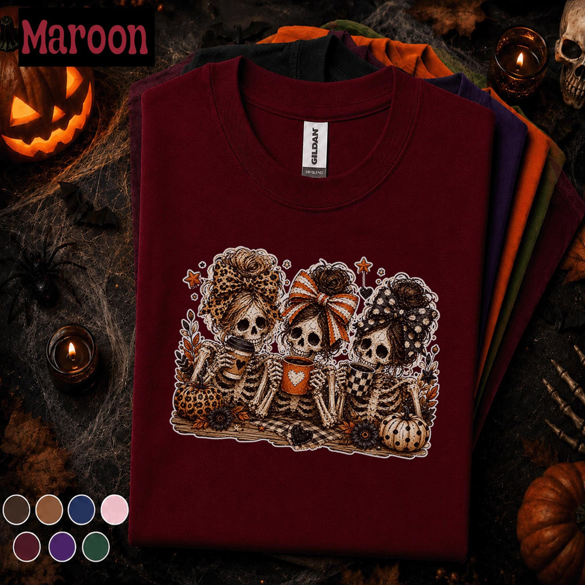 Skeleton Besties Halloween Shirt, Spooky Coffee T Shirt, Cute Bow Skeleton Tee, Pumpkin Fall Shirt, Halloween Girls Gift Tee