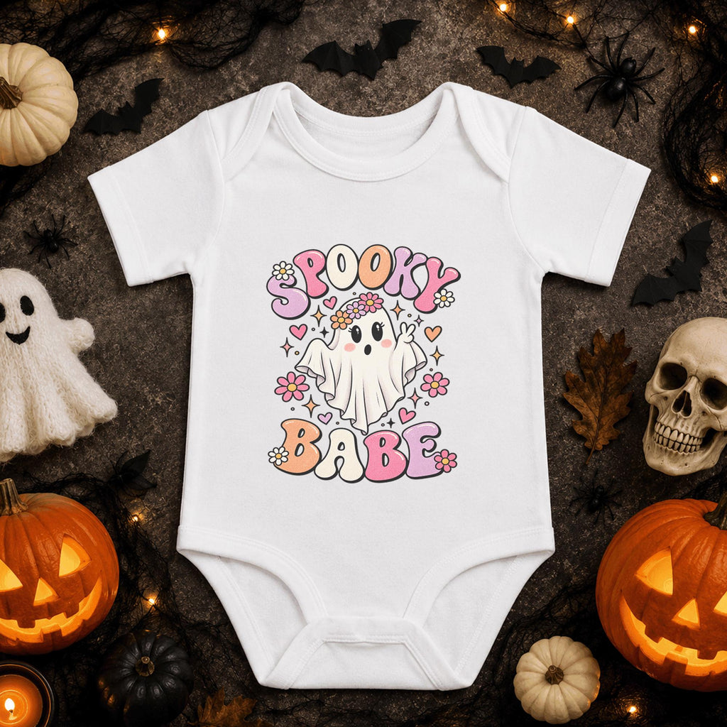 Spooky Babe Halloween Baby Bodysuit, Cute Floral Ghost Infant Onesie, Retro Groovy Baby Girl Outfit, Pink First Halloween Baby Gift