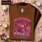 Breast Cancer Awareness Shirt, In October We Wear Pink Tee, Pink Ribbon Fall Truck Shirt, Survivor Fighter Support Gift for Women Mom