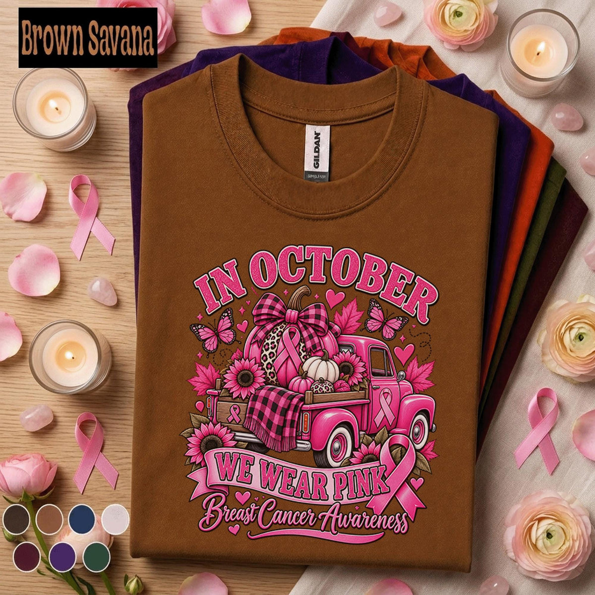 Breast Cancer Awareness Shirt, In October We Wear Pink Tee, Pink Ribbon Fall Truck Shirt, Survivor Fighter Support Gift for Women Mom
