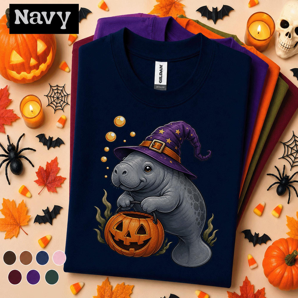 Manatee Halloween Shirt, Cute Witch Manatee Tee, Pumpkin Shirt, Funny Ocean Animal Halloween Gift, Spooky Sea Cow Tee