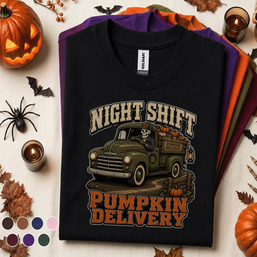 Night Shift Pumpkin Delivery Halloween Shirt, Skeleton Truck Driver Tee