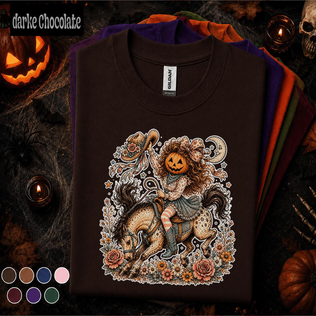 Pumpkin Cowgirl Halloween Shirt, Western Horse Rider Tee, Vintage Cowgirl Pumpkin T Shirt, Spooky Rodeo Fall Floral Halloween Gift