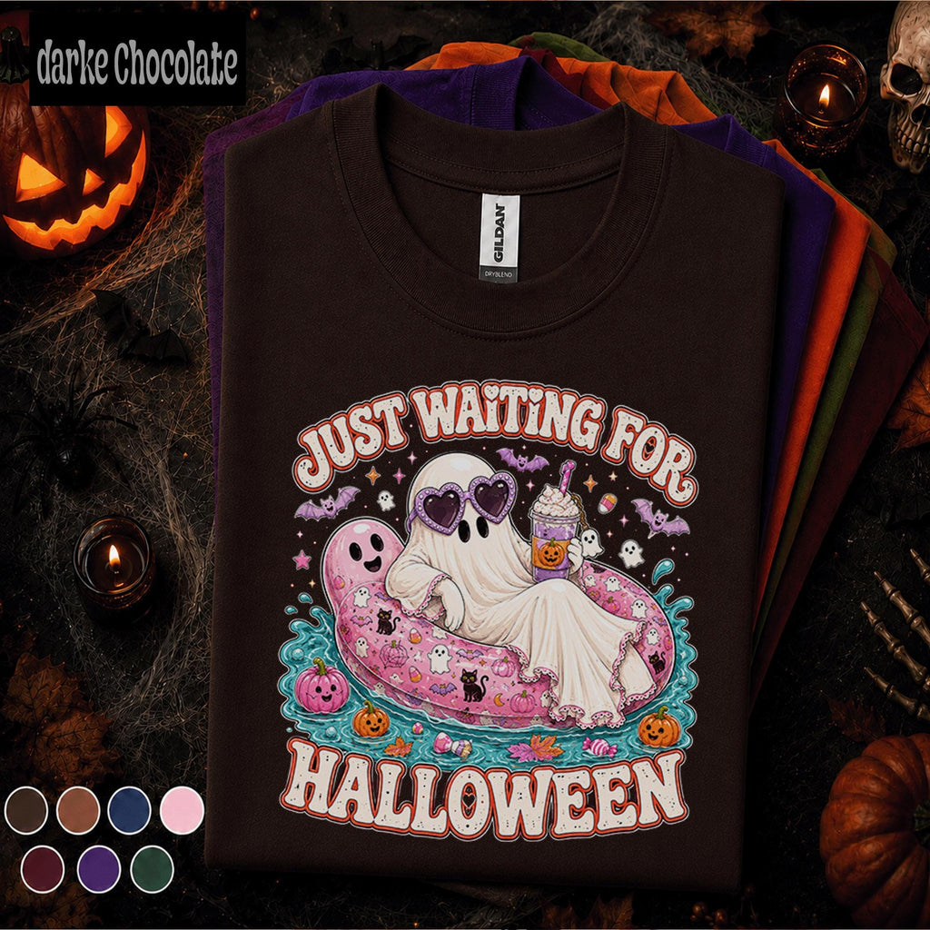 Just Waiting for Halloween Shirt, Cute Ghost Pool Float Tee, Pink Spooky Season, Funny Halloween Party Gift, Retro Ghost T Shirt