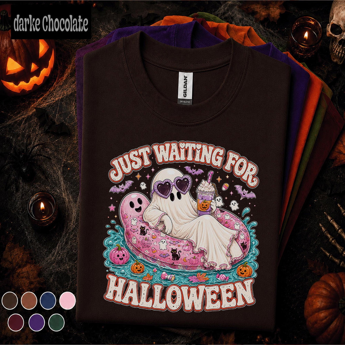 Just Waiting for Halloween Shirt, Cute Ghost Pool Float Tee, Pink Spooky Season, Funny Halloween Party Gift, Retro Ghost T Shirt