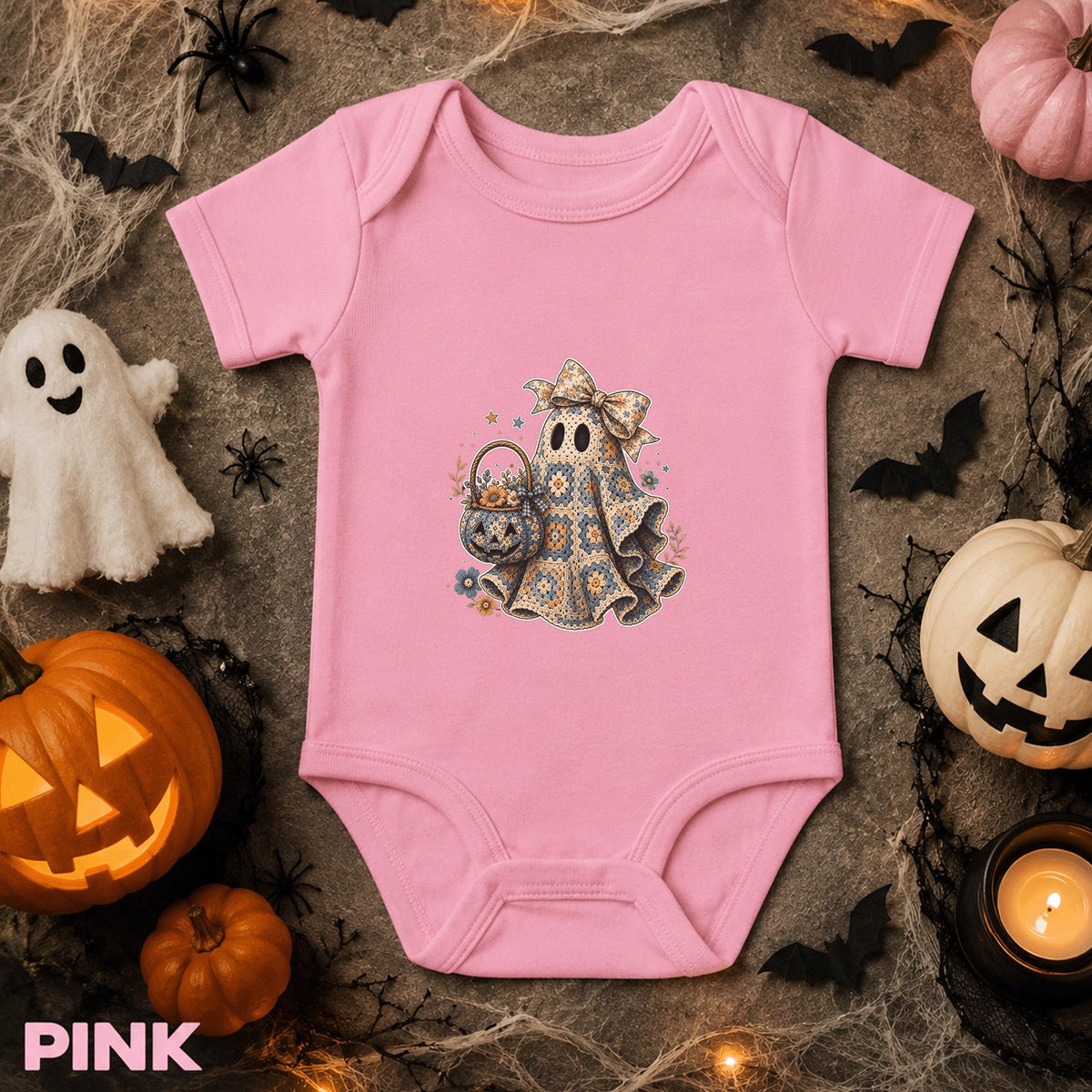 Crochet Ghost Halloween Baby Bodysuit, Floral Bow Infant Onesie, Vintage Spooky Baby Girl Outfit, First Halloween Gift for Baby Girl