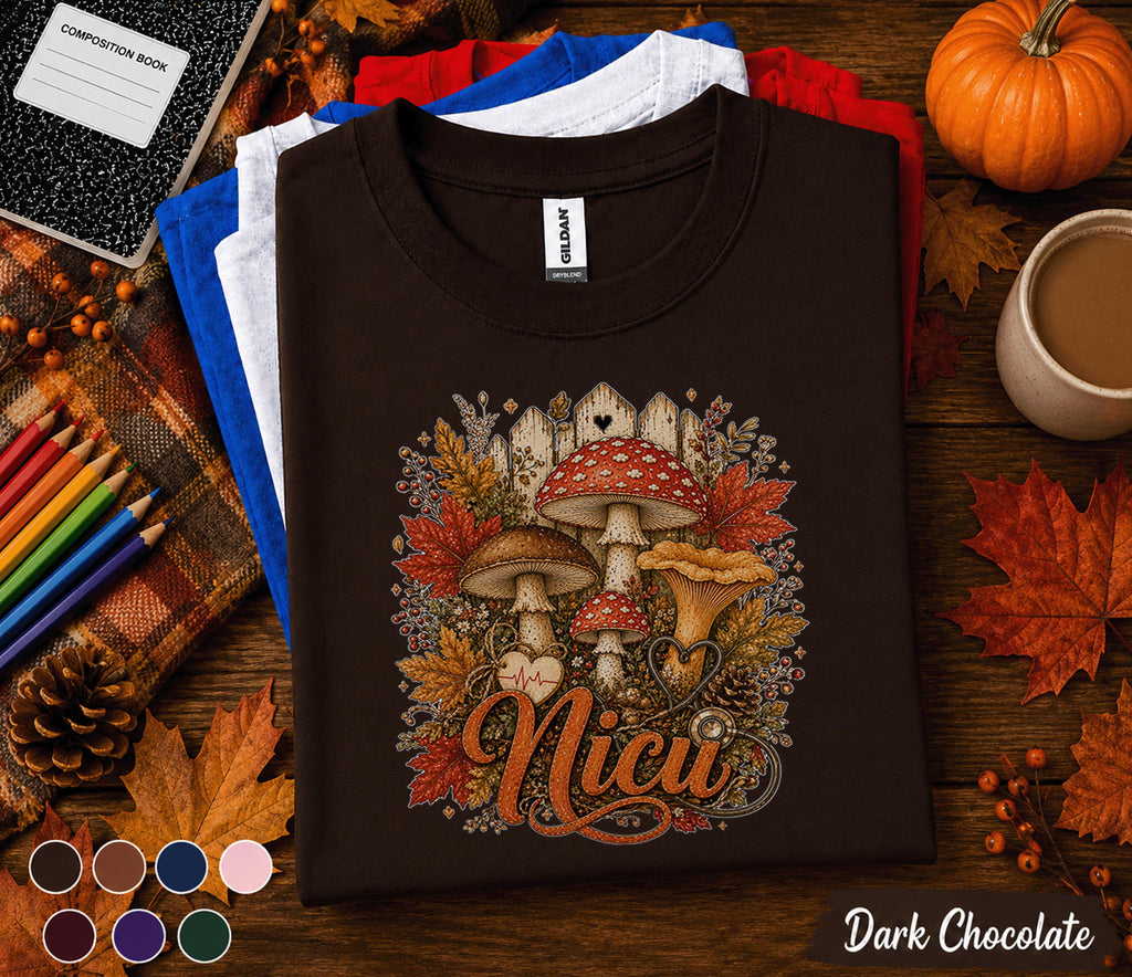 Fall NICU Nurse Shirt, Autumn Mushroom NICU Nurse Tee, Cute Nurse Gift, Cozy Healthcare Worker Sweatshirt, Registered Nurse Fall Medical