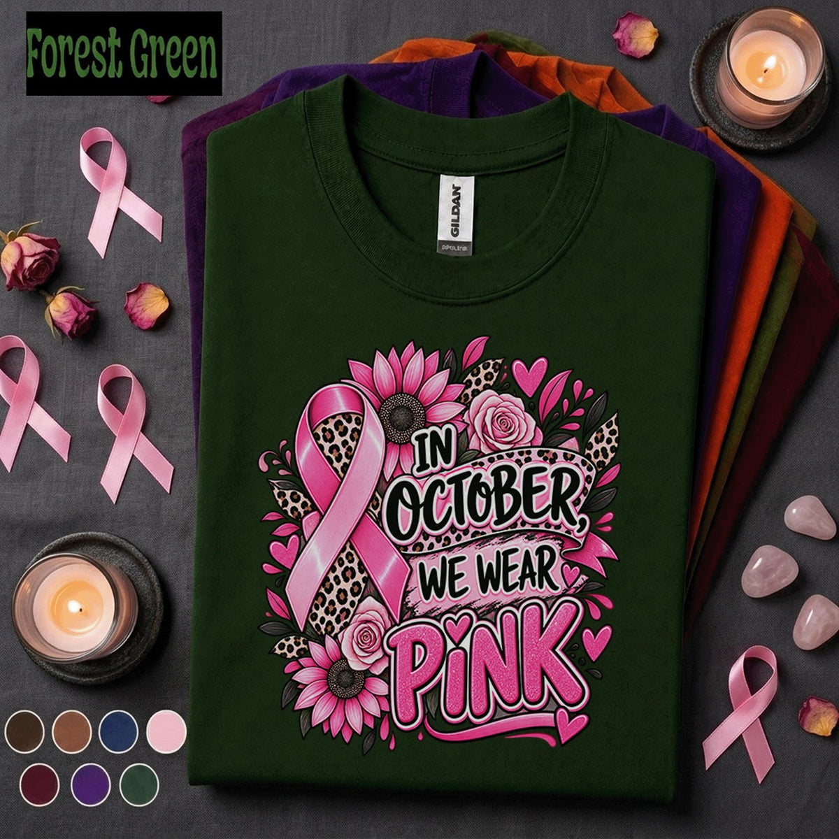 Breast Cancer Awareness Shirt, In October We Wear Pink Tee, Pink Ribbon Leopard Floral Shirt, Survivor Fighter Support Gift for Women
