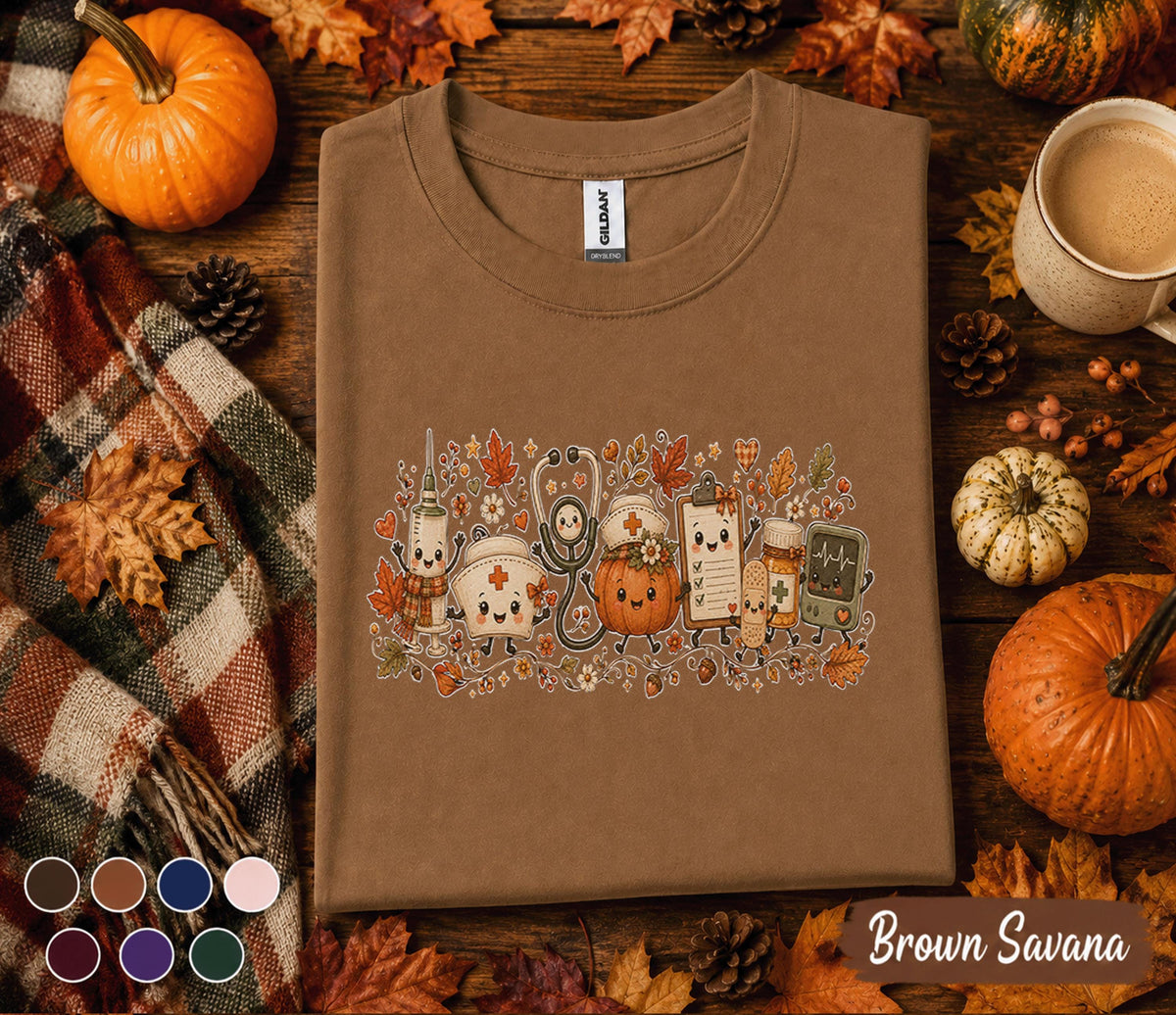 Cute Fall Nurse Shirt, Autumn Medical Pumpkin Tee, Kawaii Nurse Shirt, RN Fall Halloween Top, Cozy Healthcare Worker Gift, Nurse Autumn Tee