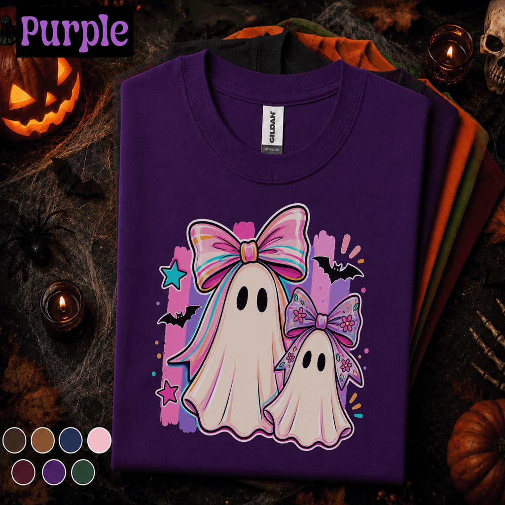 Cute Ghost Halloween Shirt, Coquette Bow Ghost Tee, Pink Spooky Season T Shirt, Kawaii Matching Ghosts, Girly Halloween Gift for Women