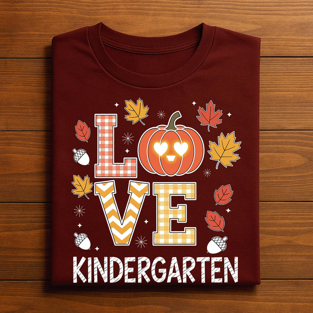 love kindergarten halloween pumpkin shirt, cute pumpkin kindergarten teacher Thanksgiving
