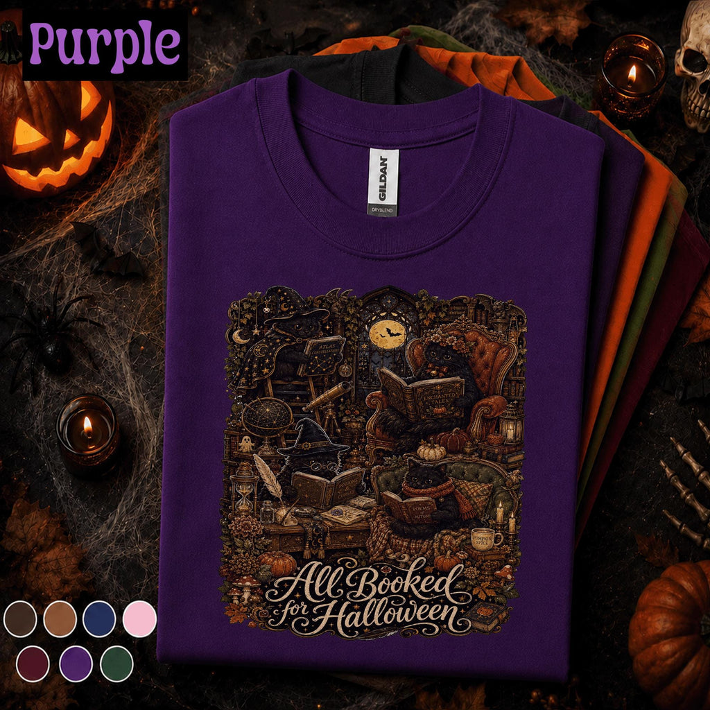 All Booked for Halloween Shirt, Gothic Black Cat Book Lover Tee, Witchy Library Shirt, Dark Academia Reader Gift, Spooky Autumn Bookish Tee