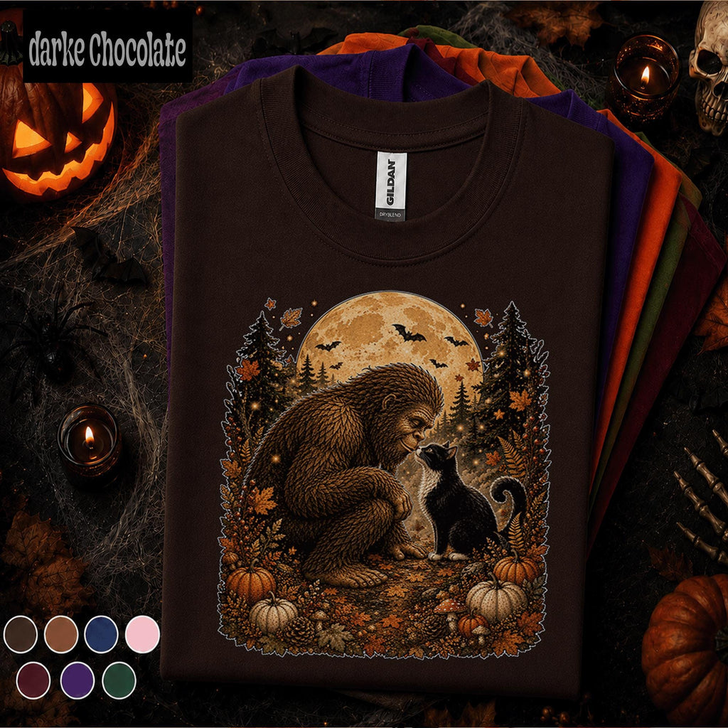 Bigfoot Halloween Shirt, Sasquatch Black Cat Tee, Full Moon Cryptid, Spooky Forest Fall Shirt, Pumpkin Halloween Gift for Cat Lovers