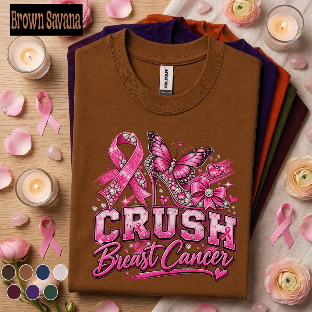 Breast Cancer Awareness Shirt, Crush Breast Cancer Tee, Pink Ribbon Butterfly Shirt, Pink October Fighter Survivor Support Gift for Women