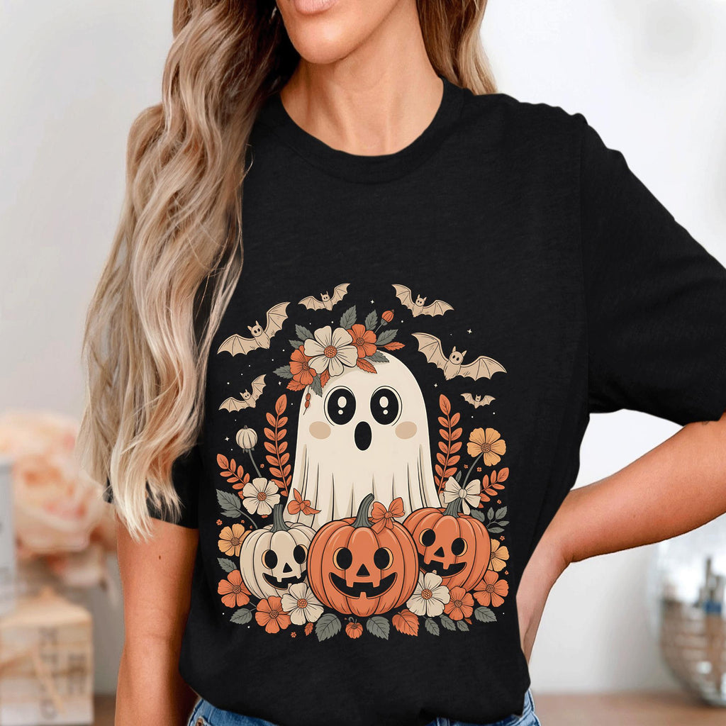 Floral Ghost Halloween Shirt, Cute Spooky Pumpkin Bat Tee, Haunted Season Top, Women Halloween Sweatshirt, Pumpkin Sweatshirt Girl
