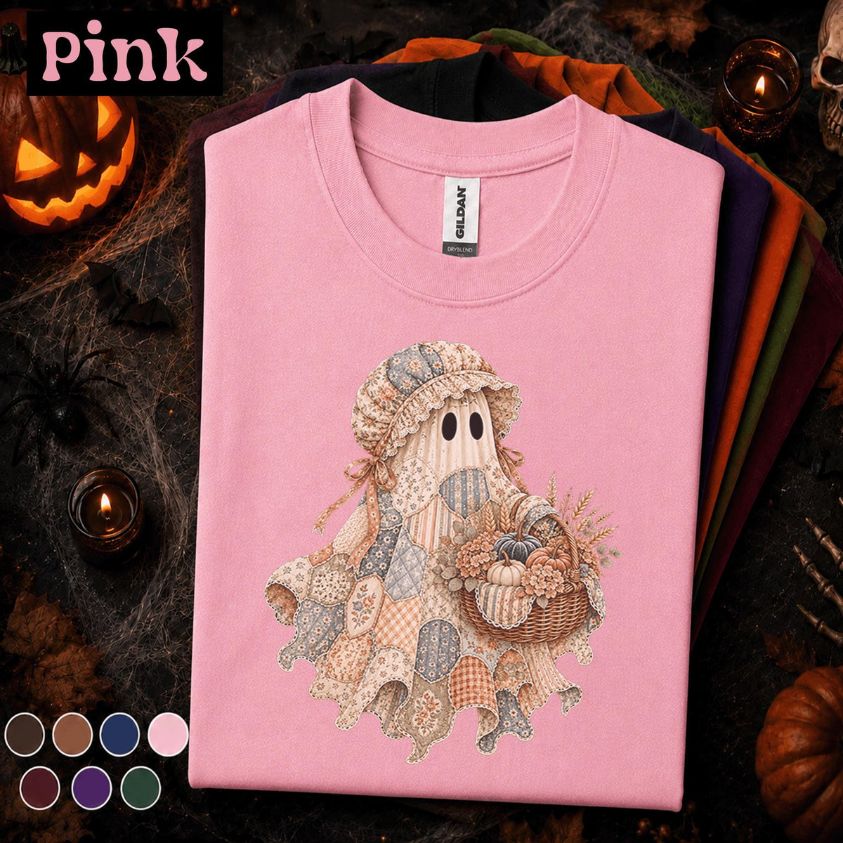 Patchwork Ghost Halloween Shirt, Cottagecore Pumpkin Ghost Tee, Vintage Quilt Spooky Season Shirt, Cozy Fall Halloween Gift for Women