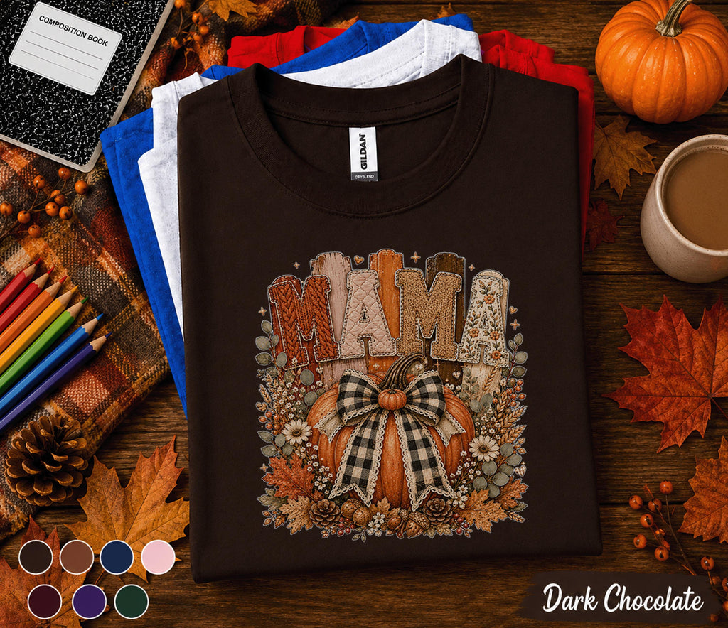 Mama Fall Shirt, Cozy Pumpkin Mama Sweatshirt, Autumn Harvest Floral Tee, Thanksgiving Mom Gift, Cute Rustic Pumpkin Bow Shirt for Women