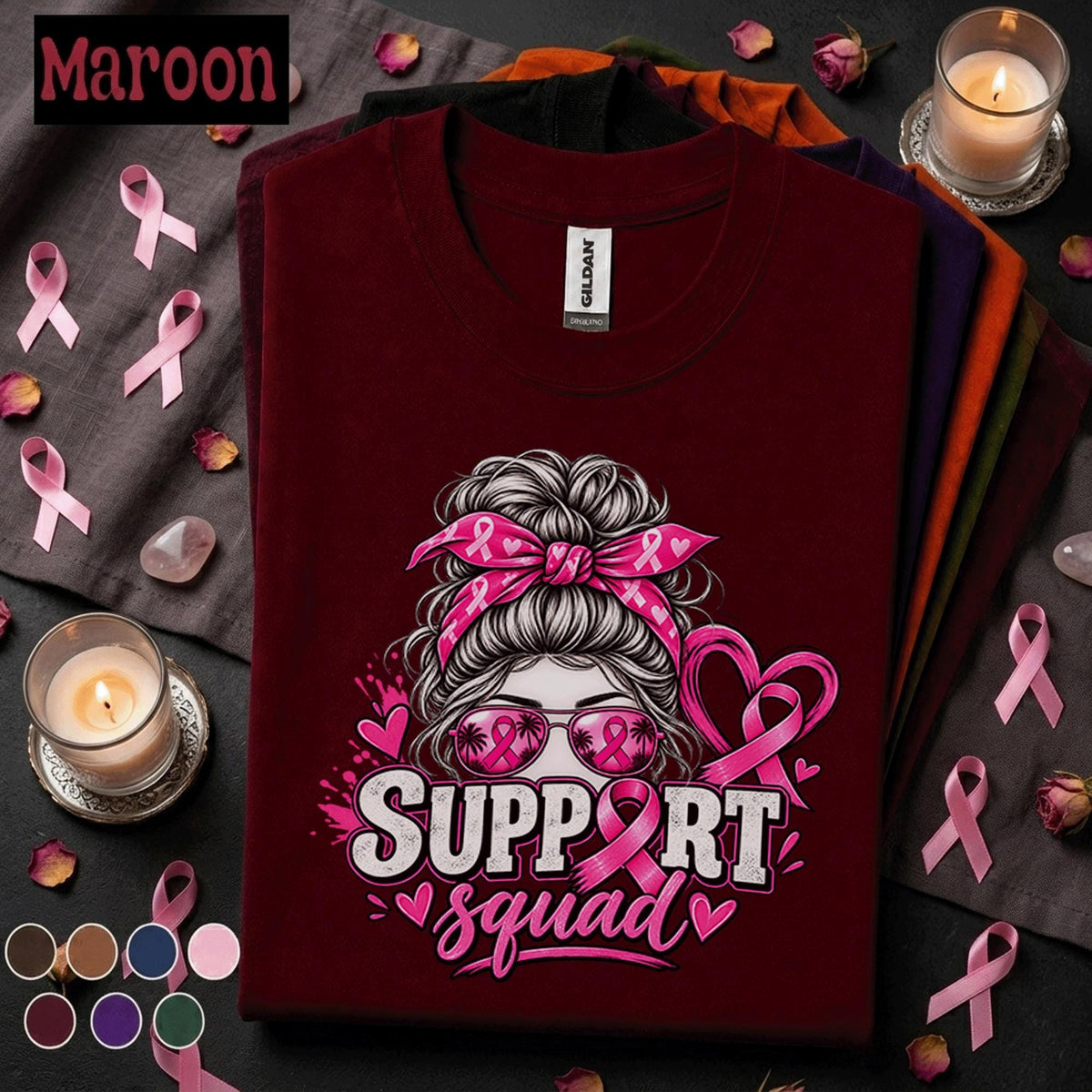 Breast Cancer Awareness Shirt, Support Squad Pink Ribbon Tee, Messy Bun Supporter Shirt, Pink October Cancer Fighter Family Gift