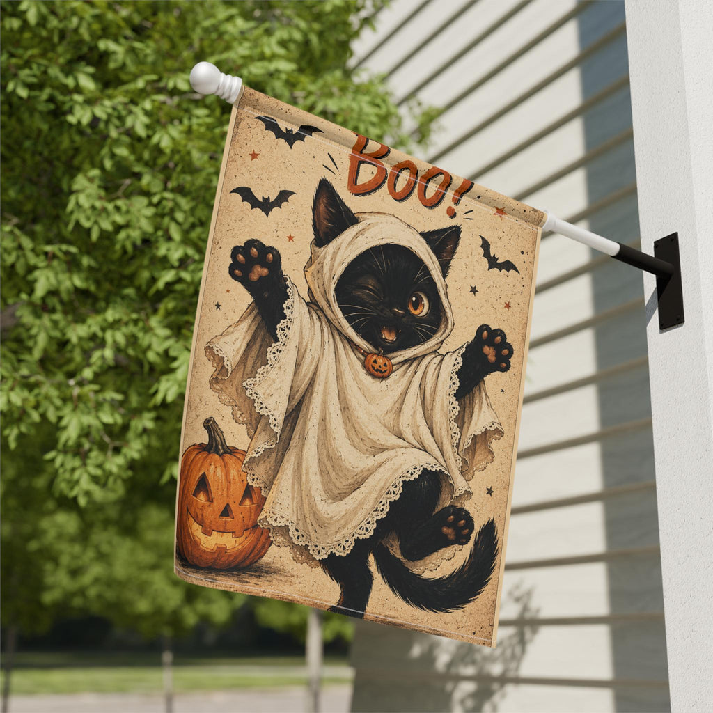 Black Cat Ghost Halloween Garden Flag, Cute Boo Yard Decor, Funny Cat Costume Flag, Pumpkin Spooky Outdoor Porch Garden Decoration