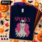 Spooky Glam Ghost Halloween Shirt, Pink Feather Boa Ghost Tee, Rhinestone Sunglasses, Girly Halloween Shirt, Fashionista Gift for Her