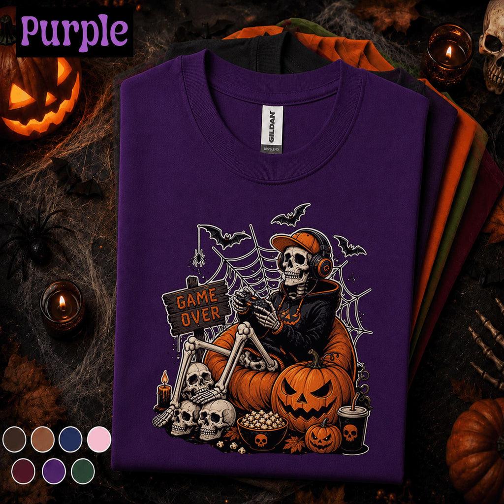 Halloween Gamer Shirt, Game Over Skeleton Tee, Spooky Gaming Tshirt, Pumpkin Gamer Gift, Retro Video Game Halloween Costume Kids Youth Boy