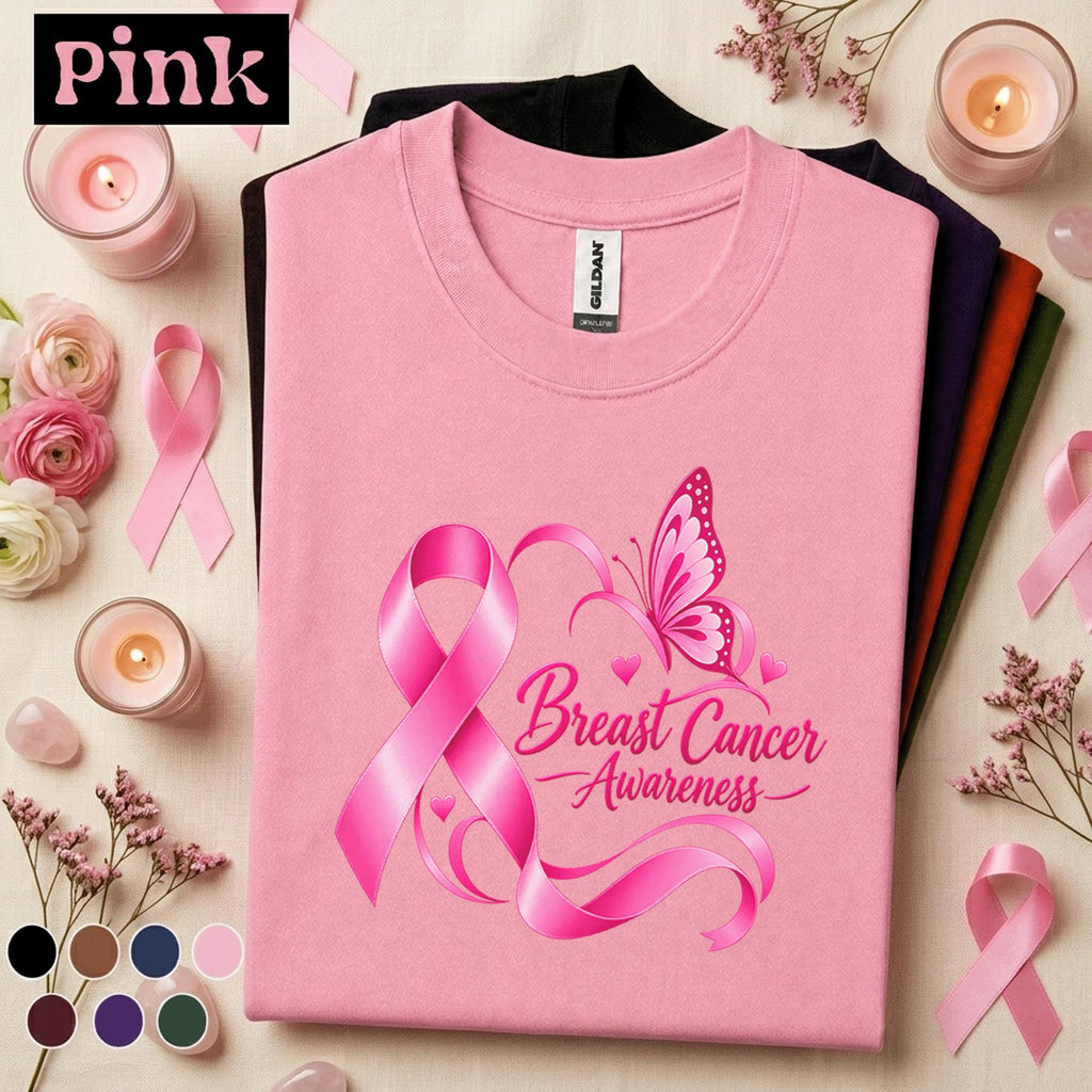 Breast Cancer Awareness Shirt, Pink Ribbon Butterfly Tee, October Pink Out Shirt, Inspirational Cancer Support Awareness Gift for Women