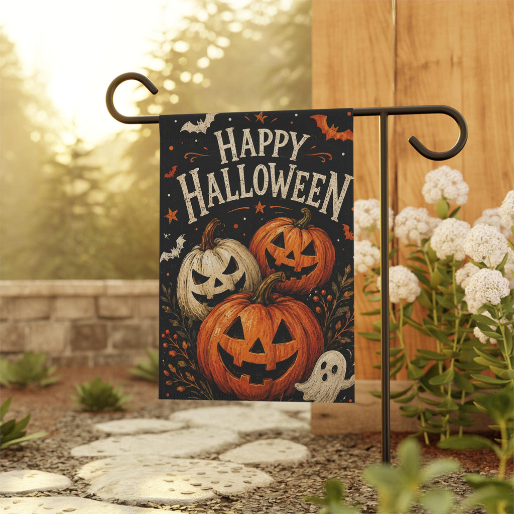 Happy Halloween Garden Flag, Pumpkin Jack O Lantern Yard Decor, Cute Ghost Spooky Flag, Vintage Orange Black Outdoor Porch Decoration