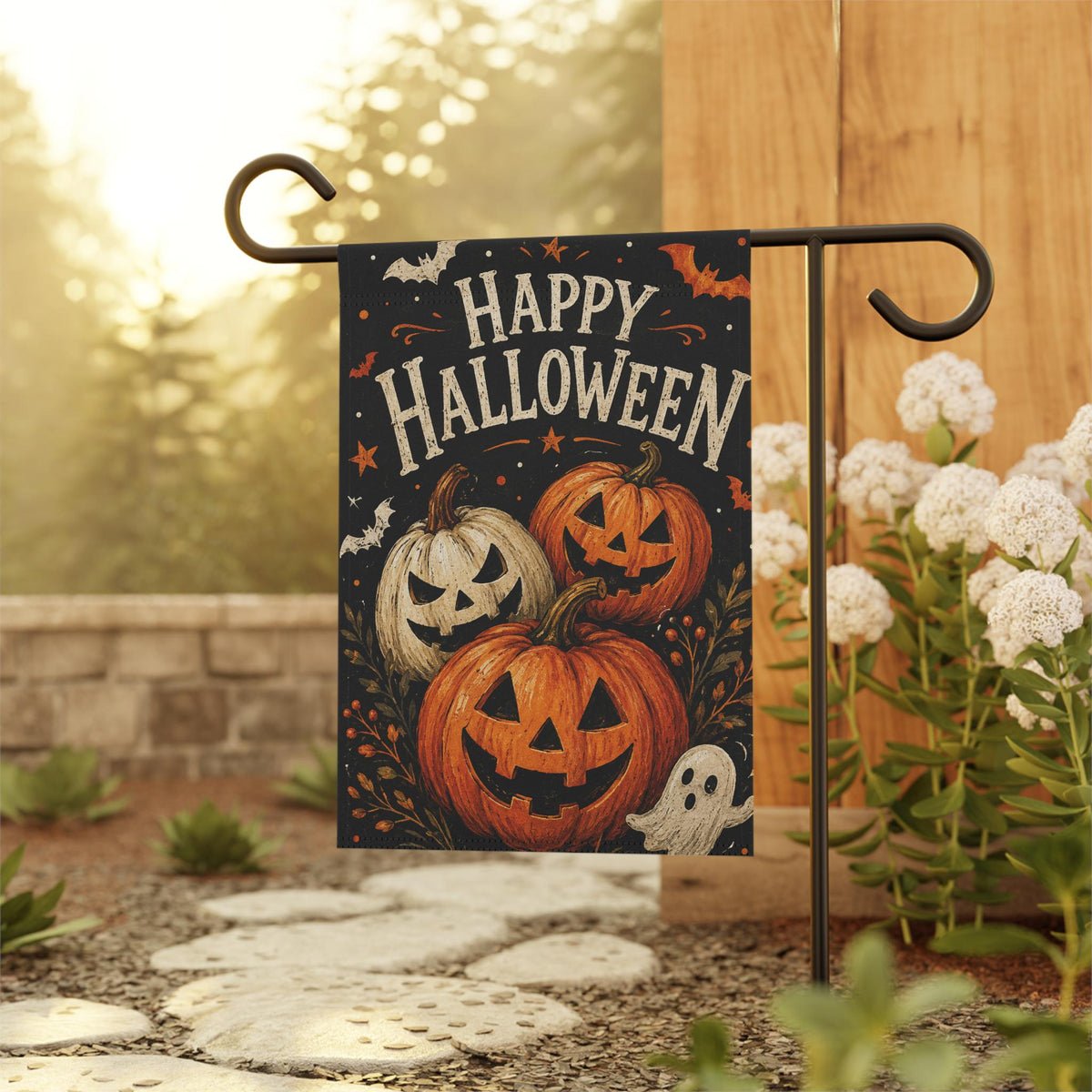 Happy Halloween Garden Flag, Pumpkin Jack O Lantern Yard Decor, Cute Ghost Spooky Flag, Vintage Orange Black Outdoor Porch Decoration